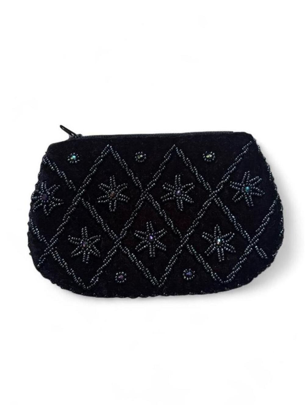 Vintage Black Velvet Beaded Pouch - Hand Embroidered Coin Purse